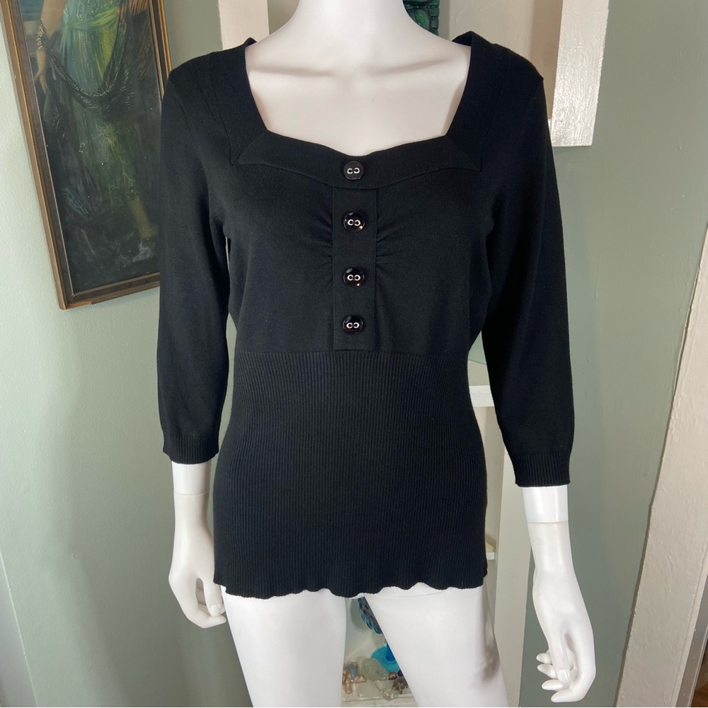 AB Studio Black Knit Sweater Top w/ Big Buttons Ribbed Large L Blouse 3/4 Sleeve